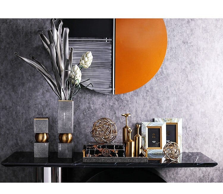 Modern Minimalist Luxury Model Room Living Room Entrance Dining Table Vase Golden Ball Leather Geometric Squear Vase Ornaments