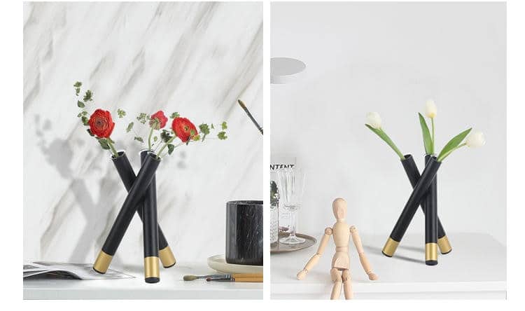 Creative Art Crossed Black Metal Stand Flowers Vase Dining Table Decoration Modern Nordic Styles Glass Tube Vase Home Ornaments