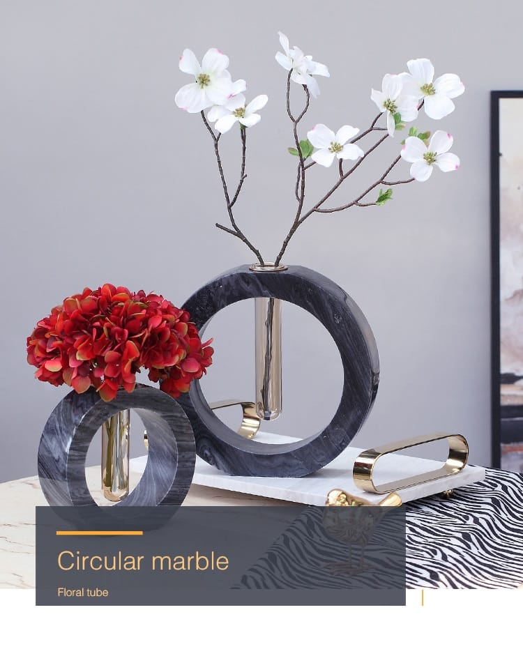 Nordic White Black Marble Round Center Test Tube Flower Countertop Vase Office Desktop Creative Room Home Soft Decor Accessories
