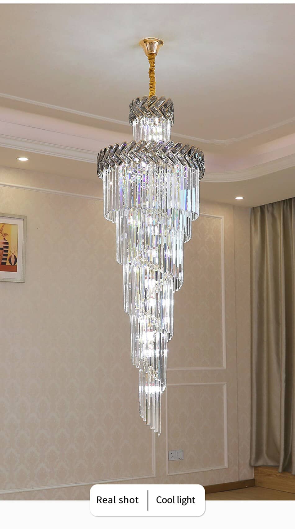Chandelier in the Hall Living Room Top Long Smoky Gray Crystal Lamps Gold Staircase Lighting Illuminator