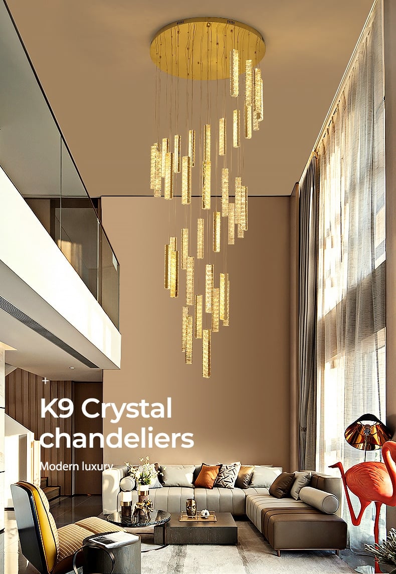 Led modern luxury chandelier crystal staircase lamp chrome-plated golden staircase chandelier hotel villa living room interior l