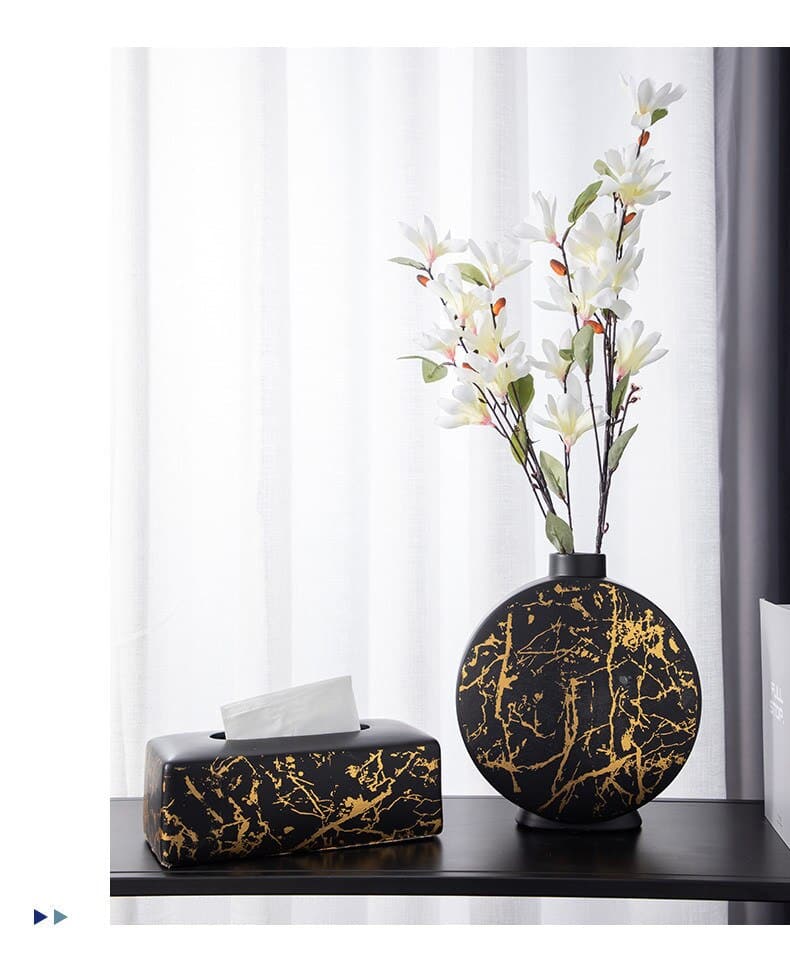 Nordic Ceramic Vase Marble Texture Black Gold Pattern Round Vases Artificial Flowers Floral Flower Arrangement Home Decor Modern