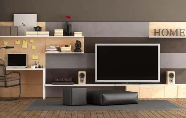 الخشب في تصميم ديكور التلفزيون في غرفة المعيشة الحديثة
