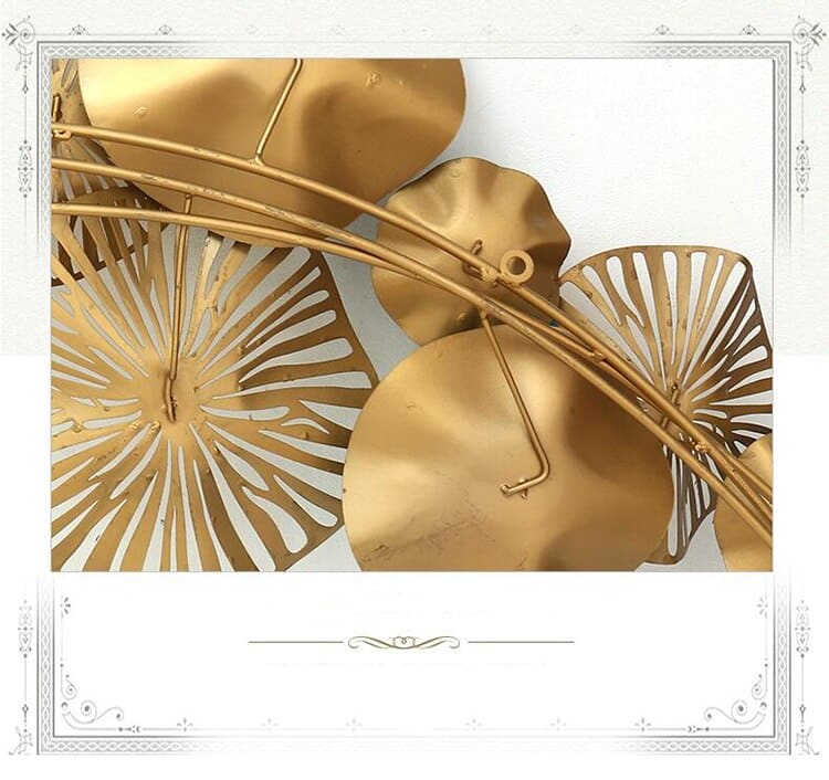 Luxury shiny gold Wrought Iron 3D Stereo Metal Lotus Leaf Mural Craft Wall Decoration Sofa Background wall mounted Ornament