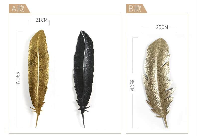 Asian Gold Wrought Iron Luxury Feather Wall Hanging Crafts Hotel Home Decoration Living room Wall Sticker Mural Ornaments