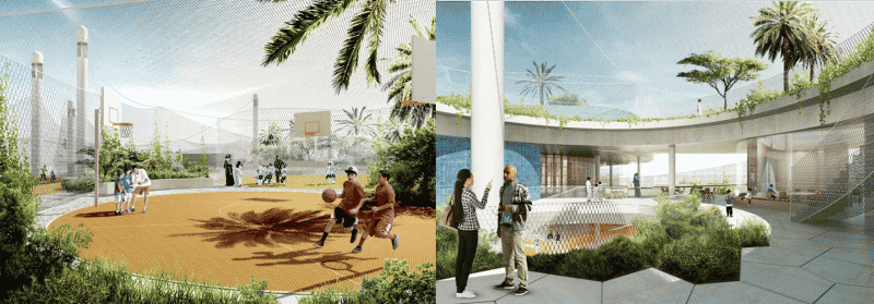 المدرسة المستدامة في دبي - حيث تظهر المساحات الخضراء والصورة على اليسار تظهر الملاعب على سطح المدرسة وتظهر أبراج الرياح في الصور