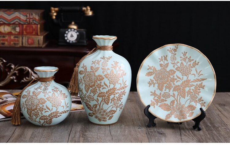 Modern Ceramic Vase+Artificial Flower Set Figurines Home Furnishing Crafts Decoration Livingroom Silk Fake Flower Pot Ornamnets